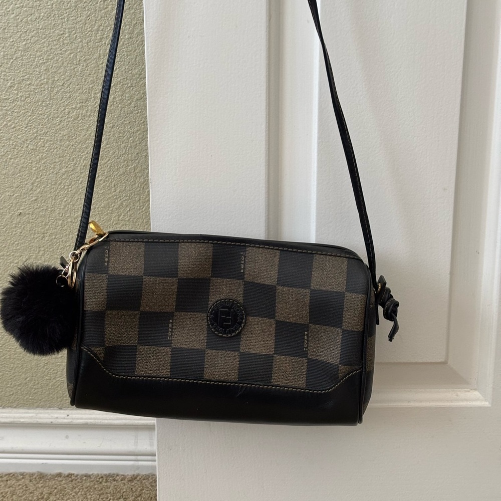 Vintage Fendi pecan checked Crossbody Bag with Brown strap.